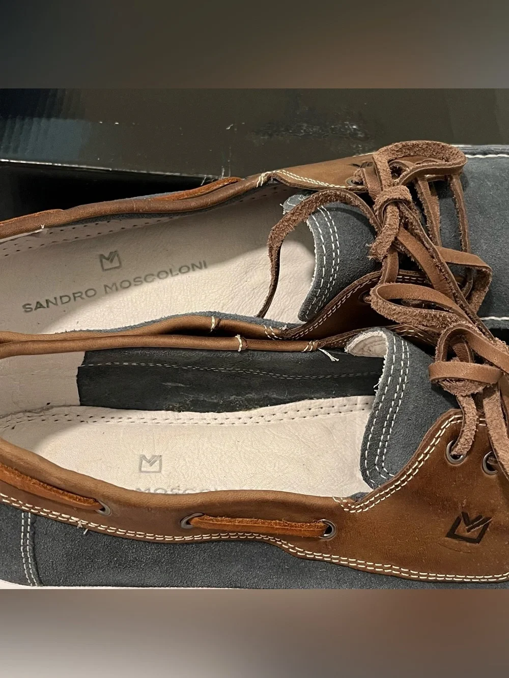NWT Sandro Moscoloni Two-Tone Brown and Gray Leather Boat Shoes